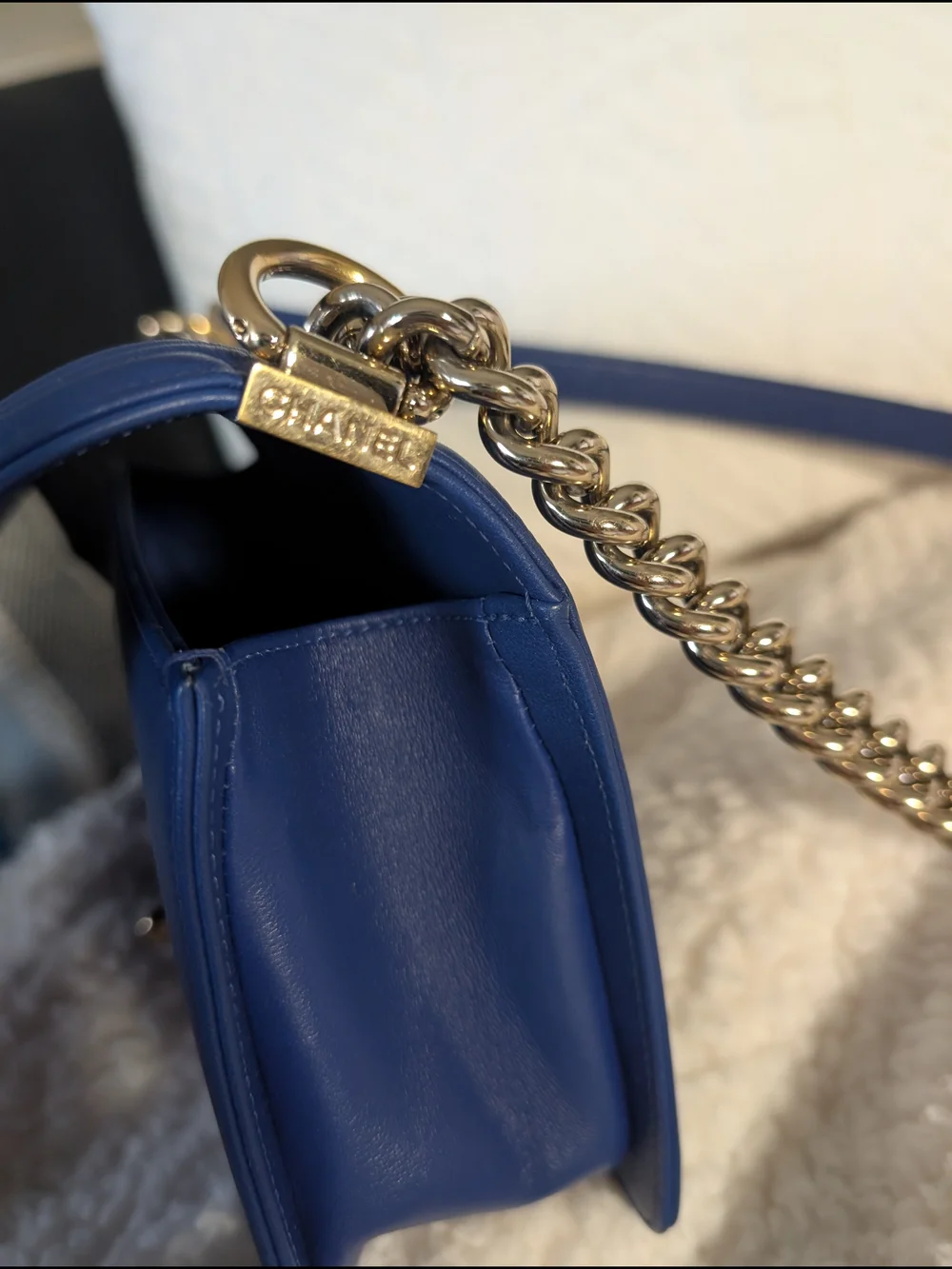 CHANEL Blue Quilted boy Shoulder Bag Gold Hardware Chain Strap CC